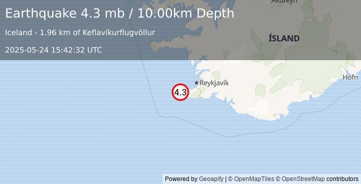 Earthquake 5 km SW of Reykjanesbær, Iceland (4.3 mb) (2025-05-24 15:42:32 UTC)