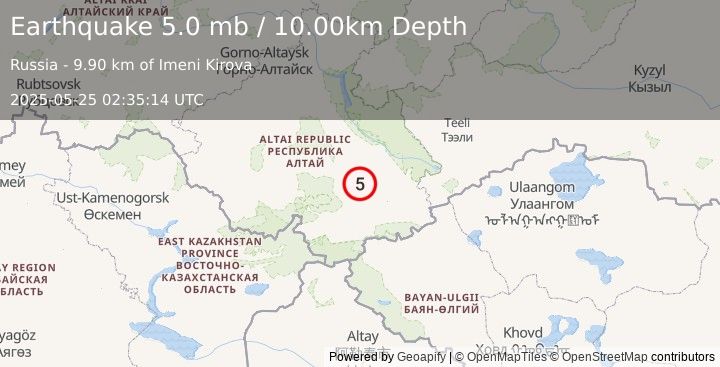 Earthquake 24 km E of Aktash, Russia (5.0 mb) (2025-05-25 02:35:14 UTC)