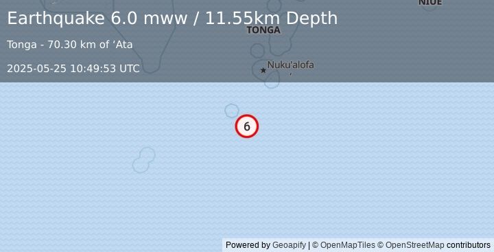 Earthquake 178 km SSW of ‘Ohonua, Tonga (6.0 mww) (2025-05-25 10:49:53 UTC)