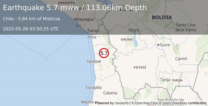Earthquake 36 km S of Camiña, Chile (5.7 mww) (2025-05-26 03:50:25 UTC)