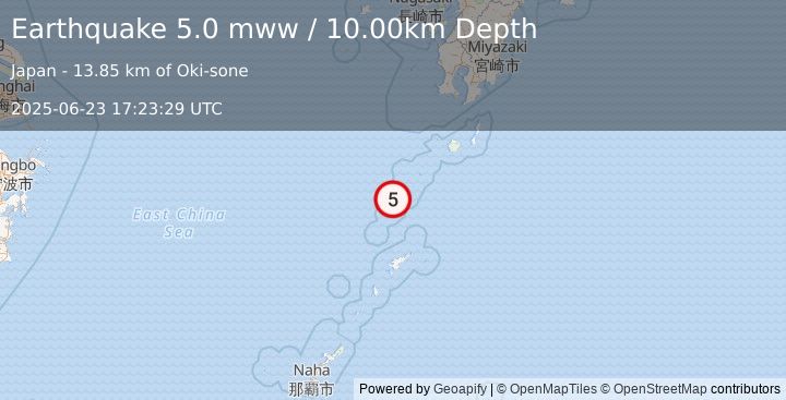 Earthquake 108 km NNW of Tatsugō, Japan (5.0 mww) (2025-06-23 17:23:29 UTC)