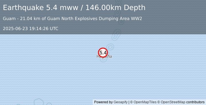Earthquake 31 km NNW of Asan-Maina Village, Guam (5.4 mww) (2025-06-23 19:14:26 UTC)
