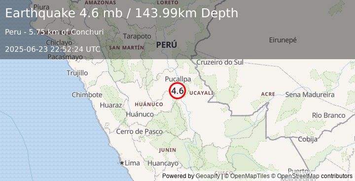 Earthquake 16 km ENE of Tournavista, Peru (4.6 mb) (2025-06-23 22:52:24 UTC)