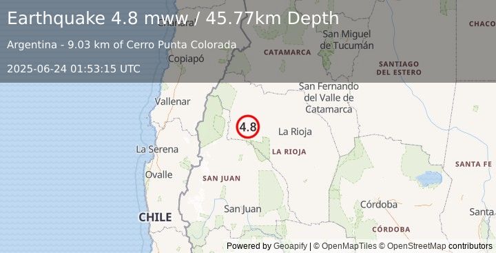 Earthquake 59 km SSW of Vinchina, Argentina (4.8 mww) (2025-06-24 01:53:15 UTC)