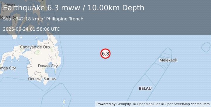 Earthquake east of the Philippine Islands (6.3 mww) (2025-06-24 01:58:06 UTC)