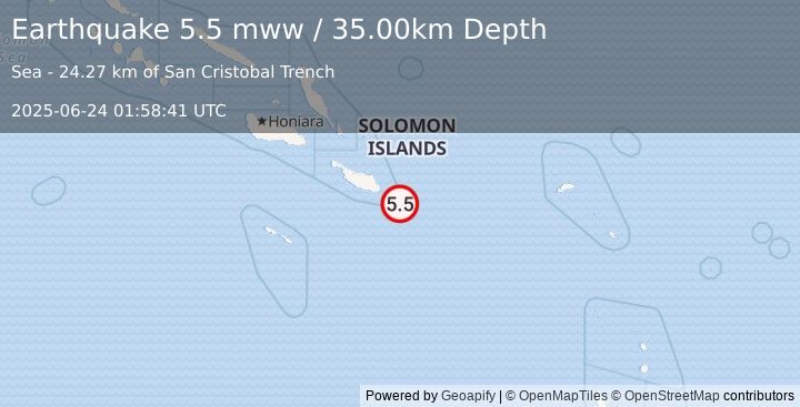 Earthquake 105 km SE of Kirakira, Solomon Islands (5.5 mww) (2025-06-24 01:58:41 UTC)