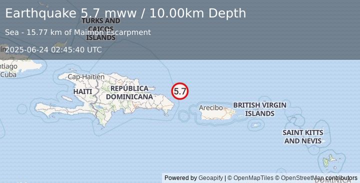 Earthquake 70 km NNE of Punta Cana, Dominican Republic (5.7 mww) (2025-06-24 02:45:40 UTC)