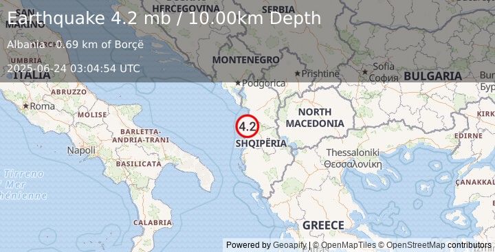 Earthquake 7 km N of Shijak, Albania (4.2 mb) (2025-06-24 03:04:54 UTC)