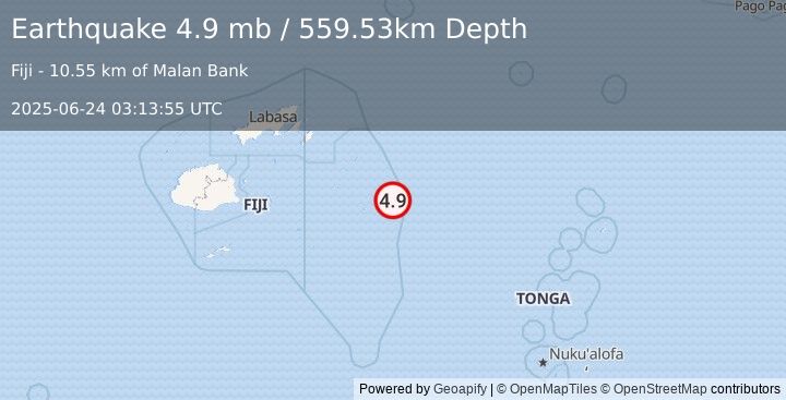 Earthquake 260 km E of Levuka, Fiji (4.9 mb) (2025-06-24 03:13:55 UTC)