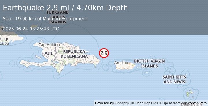 Earthquake 75 km NNE of Punta Cana, Dominican Republic (2.9 ml) (2025-06-24 03:25:43 UTC)