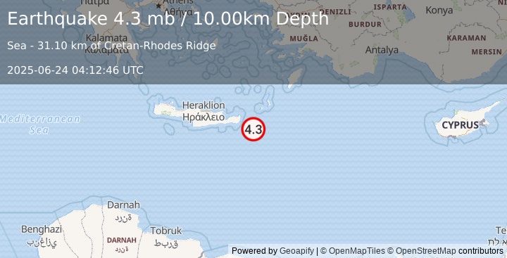 Earthquake 53 km SE of Palekastro, Greece (4.3 mb) (2025-06-24 04:12:46 UTC)