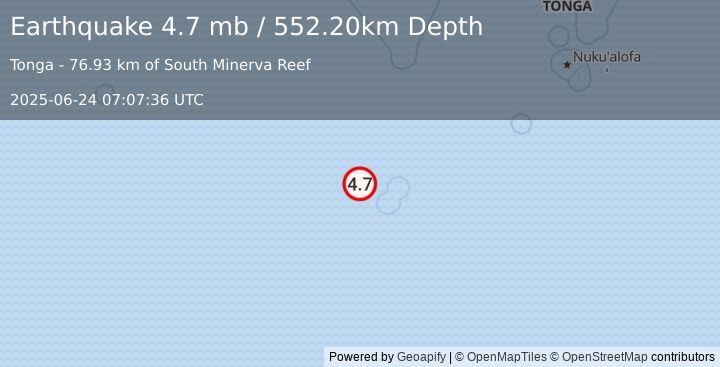 Earthquake south of the Fiji Islands (4.7 mb) (2025-06-24 07:07:36 UTC)