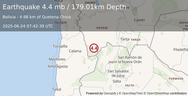 Earthquake 116 km NE of San Pedro de Atacama, Chile (4.4 mb) (2025-06-24 07:42:39 UTC)