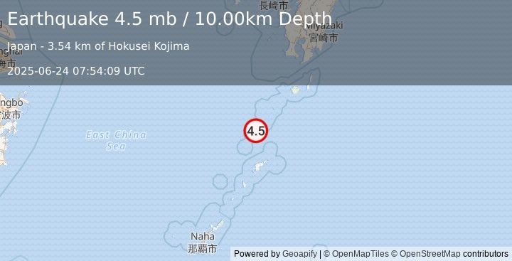 Earthquake 93 km NNW of Tatsugō, Japan (4.5 mb) (2025-06-24 07:54:09 UTC)