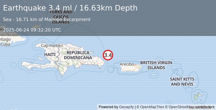 Earthquake 65 km NNE of Punta Cana, Dominican Republic (3.4 ml) (2025-06-24 09:32:20 UTC)