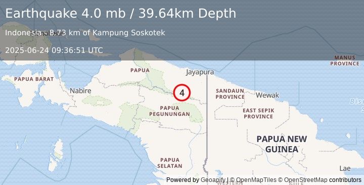 Earthquake 123 km SW of Abepura, Indonesia (4.0 mb) (2025-06-24 09:36:51 UTC)
