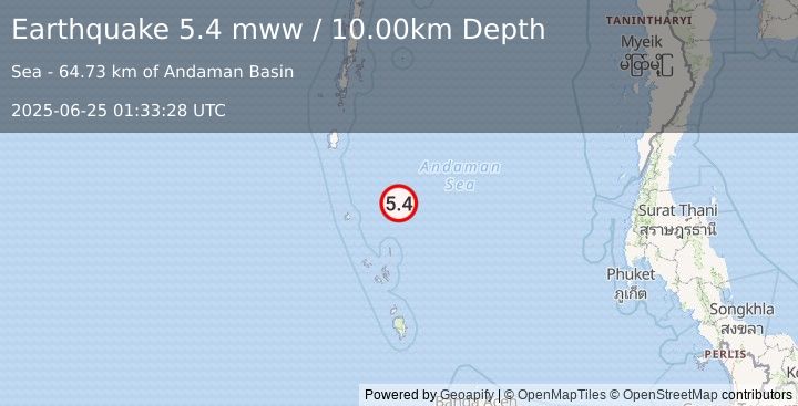 Earthquake 270 km SSE of Port Blair, India (5.4 mww) (2025-06-25 01:33:28 UTC)