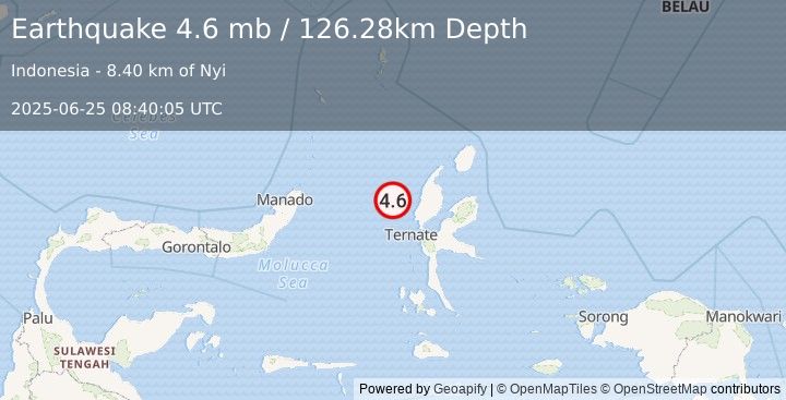 Earthquake 86 km NNW of Ternate, Indonesia (4.6 mb) (2025-06-25 08:40:05 UTC)
