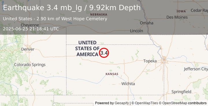 Earthquake 9 km NW of Woodston, Kansas (3.4 mb_lg) (2025-06-25 21:18:41 UTC)