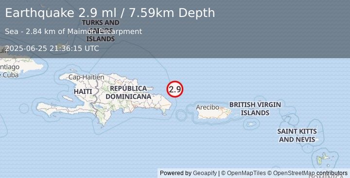 Earthquake 76 km NNE of Punta Cana, Dominican Republic (2.9 ml) (2025-06-25 21:36:15 UTC)