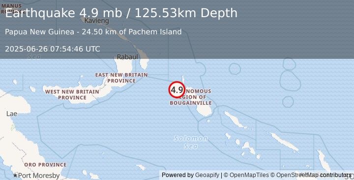 Earthquake 140 km WNW of Panguna, Papua New Guinea (4.9 mb) (2025-06-26 07:54:46 UTC)