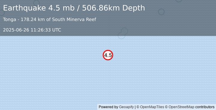Earthquake south of the Fiji Islands (4.5 mb) (2025-06-26 11:26:33 UTC)
