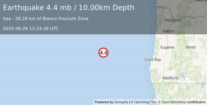 Earthquake 297 km WNW of Bandon, Oregon (4.4 mb) (2025-06-26 12:24:38 UTC)