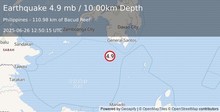 Earthquake 114 km SSW of Maan, Philippines (4.9 mb) (2025-06-26 12:50:15 UTC)
