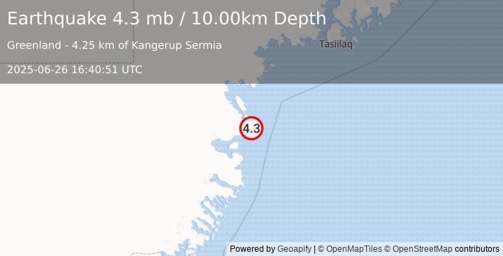 Earthquake 176 km SW of Tasiilaq, Greenland (4.3 mb) (2025-06-26 16:40:51 UTC)