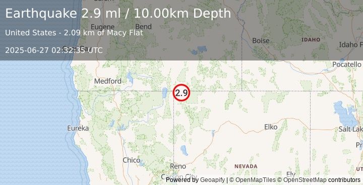 Earthquake 42 km ENE of Fort Bidwell, California (2.9 ml) (2025-06-27 02:32:35 UTC)