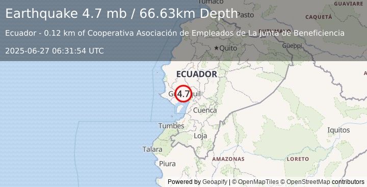 Earthquake 5 km WNW of Guayaquil, Ecuador (4.7 mb) (2025-06-27 06:31:54 UTC)