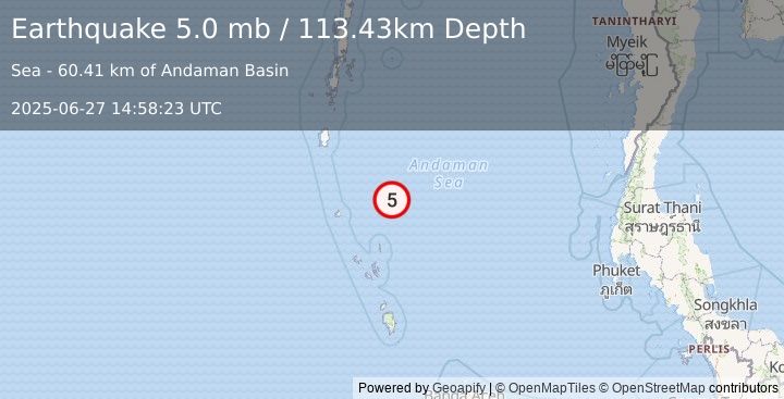 Earthquake 271 km SSE of Port Blair, India (5.0 mb) (2025-06-27 14:58:23 UTC)