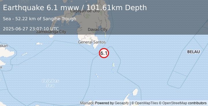 Earthquake 71 km ESE of Sarangani, Philippines (6.1 mww) (2025-06-27 23:07:10 UTC)