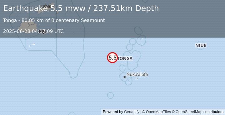 Earthquake 165 km NNW of Houma, Tonga (5.5 mww) (2025-06-28 04:17:09 UTC)
