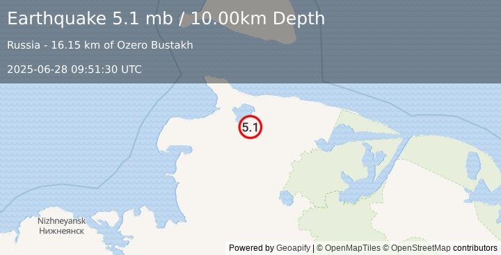 Earthquake 285 km NW of Chokurdakh, Russia (5.1 mb) (2025-06-28 09:51:30 UTC)