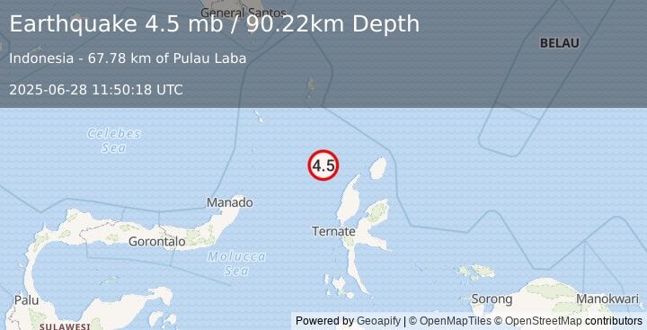 Earthquake 122 km NW of Tobelo, Indonesia (4.5 mb) (2025-06-28 11:50:18 UTC)