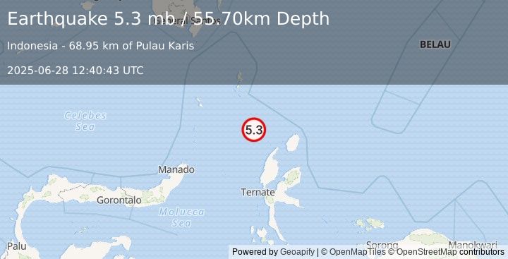 Earthquake 138 km NW of Tobelo, Indonesia (5.3 mb) (2025-06-28 12:40:43 UTC)