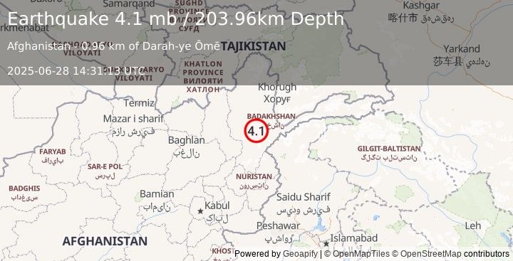 Earthquake 35 km SSE of Jurm, Afghanistan (4.1 mb) (2025-06-28 14:31:13 UTC)
