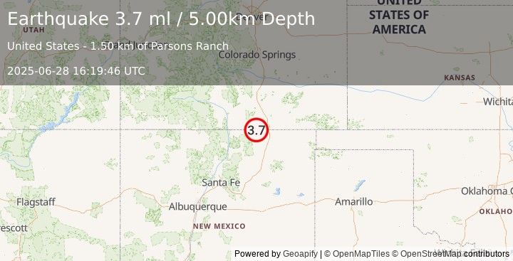Earthquake 17 km S of Weston, Colorado (3.7 ml) (2025-06-28 16:19:46 UTC)