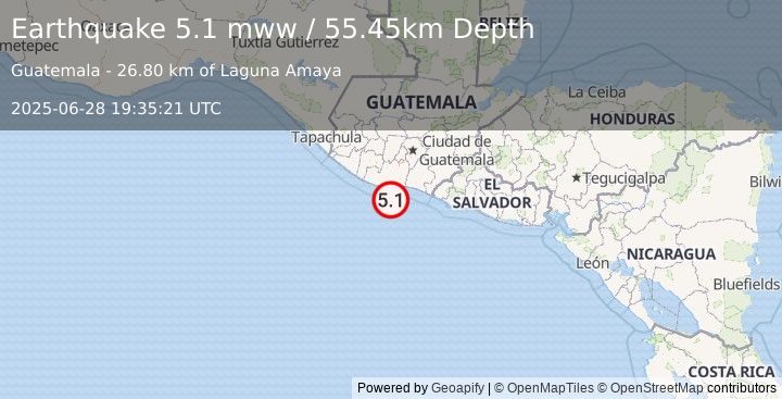 Earthquake 31 km SSW of Puerto San José, Guatemala (5.1 mww) (2025-06-28 19:35:21 UTC)