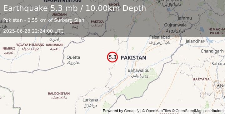 Earthquake 56 km NNE of Barkhan, Pakistan (5.3 mb) (2025-06-28 22:24:00 UTC)