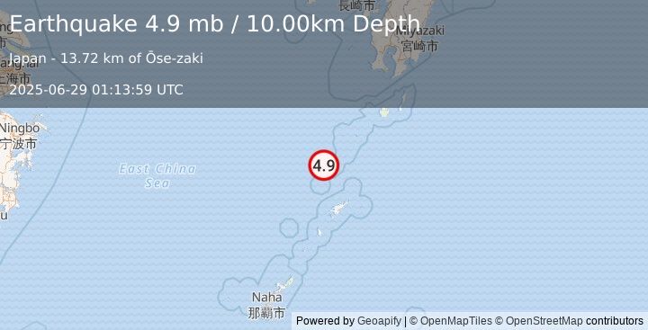Earthquake 100 km NNW of Tatsugō, Japan (4.9 mb) (2025-06-29 01:13:59 UTC)