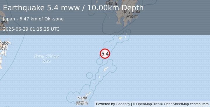 Earthquake 100 km NNW of Tatsugō, Japan (5.4 mww) (2025-06-29 01:15:25 UTC)