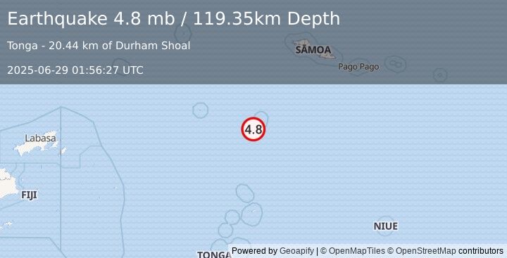 Earthquake 30 km SW of Hihifo, Tonga (4.8 mb) (2025-06-29 01:56:27 UTC)
