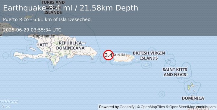 Earthquake 29 km WNW of Rincón, Puerto Rico (3.4 ml) (2025-06-29 03:55:34 UTC)