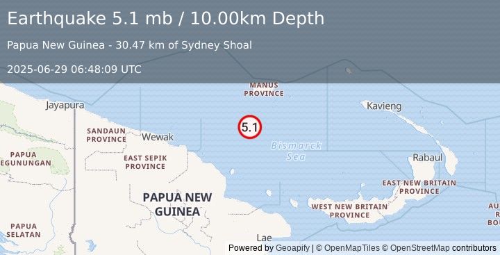 Earthquake 157 km SSW of Lorengau, Papua New Guinea (5.1 mb) (2025-06-29 06:48:09 UTC)