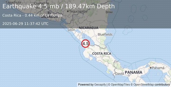 Earthquake 6 km WSW of Cárdenas, Nicaragua (4.5 mb) (2025-06-29 11:37:42 UTC)