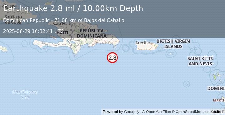 Earthquake 102 km SSW of Boca de Yuma, Dominican Republic (2.8 ml) (2025-06-29 16:32:41 UTC)