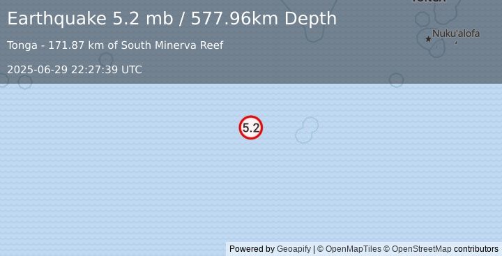 Earthquake south of the Fiji Islands (5.2 mb) (2025-06-29 22:27:39 UTC)