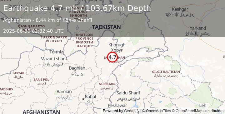 Earthquake 37 km ENE of Jurm, Afghanistan (4.7 mb) (2025-06-30 02:32:40 UTC)